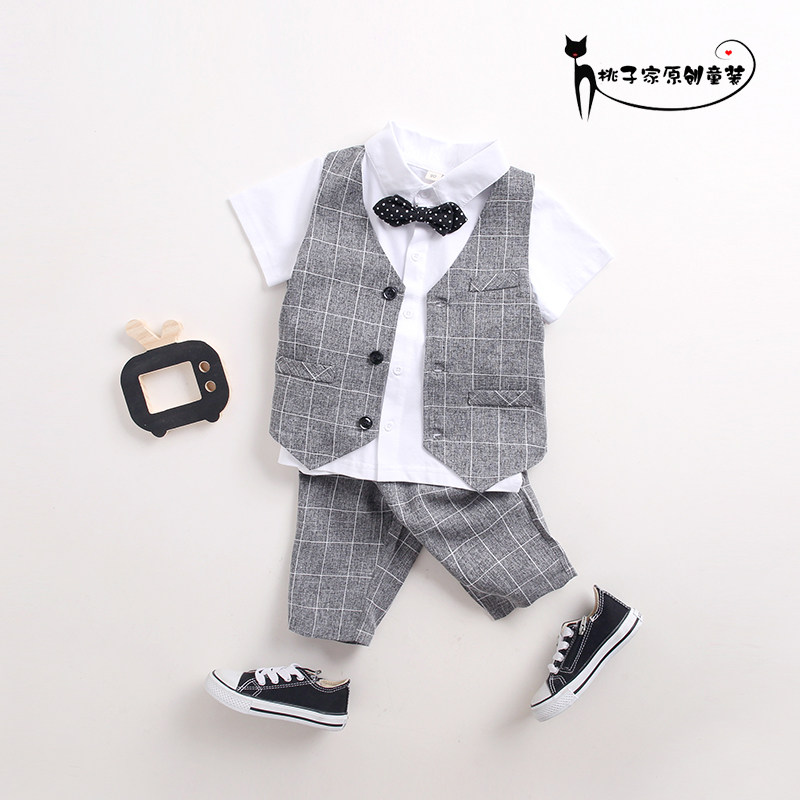 Baby one-year-old dress male summer thin section children's suit male flower boy suit boy suit British style birthday