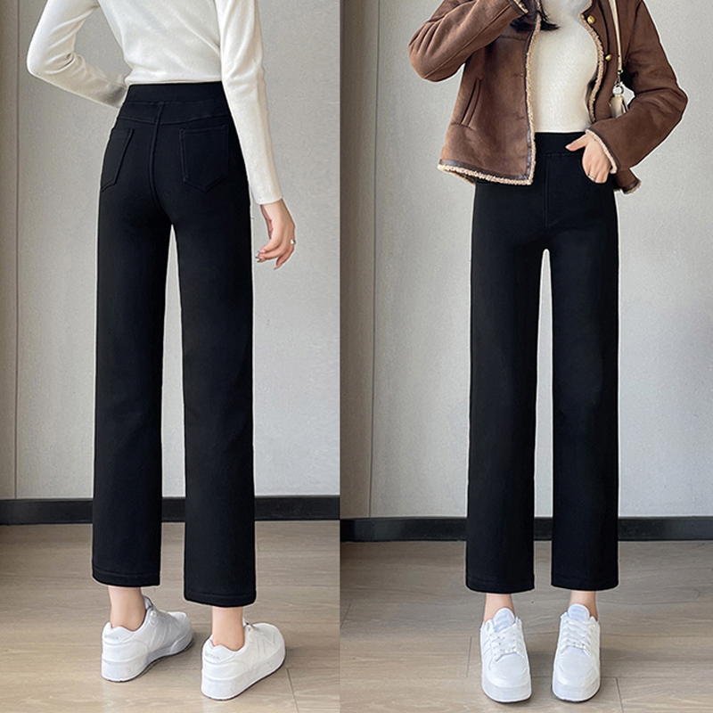 Black Straight-Leg Casual Pants for Women, Spring and Autumn 2025 New Style, High-Waisted, Slimming, Versatile, Warm Fleece-Lined Leggings for Outerwear