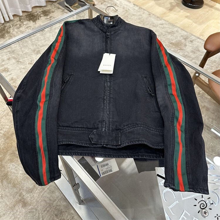 Gucci/Gucci New Classic Side Arm Color-Blocked Striped Webbing Distressed Denim Jacket for Women and Men