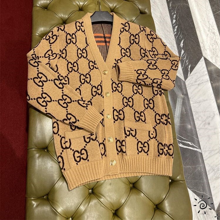 Gucci/Gucci New Classic Patchwork Color-Blocked Plaid Letter Logo Knitted Cardigan Women's Sweater Jacket Men's