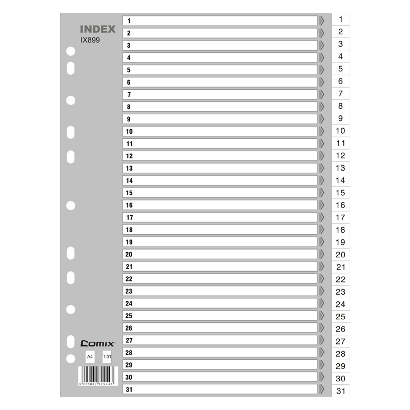 Qixin (COMIX) IX899 easy classification monthly index paper A4 31 pages (1-31) 11 holes PP