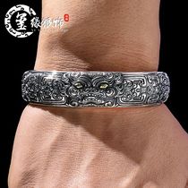  Pixiu sterling silver bracelet S999 foot silver retro silver bracelet open mouth lucky Pixiu gluttonous men and women wide face domineering silver bracelet