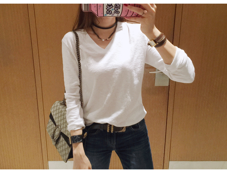 Áo thun nữ tay dài 2018 mùa thu mới cổ chữ V bằng cotton cotton chạm đáy áo thun trắng giản dị áo thun thủy triều áo khoác thun nữ
