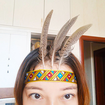 African drum Indian head wearing national wind feather head with performance ball prop head decoration ostrich wool head lead hoop