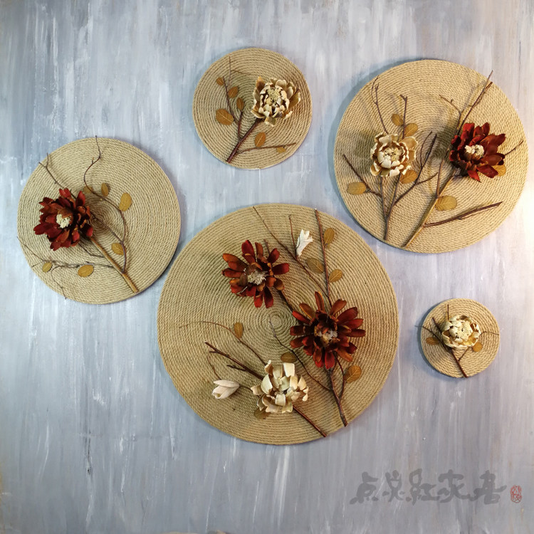Flower good moon round hemp rope round handmade decorative painting Southeast Asian home wall decoration pendant dry flower nostalgic porch wall decoration