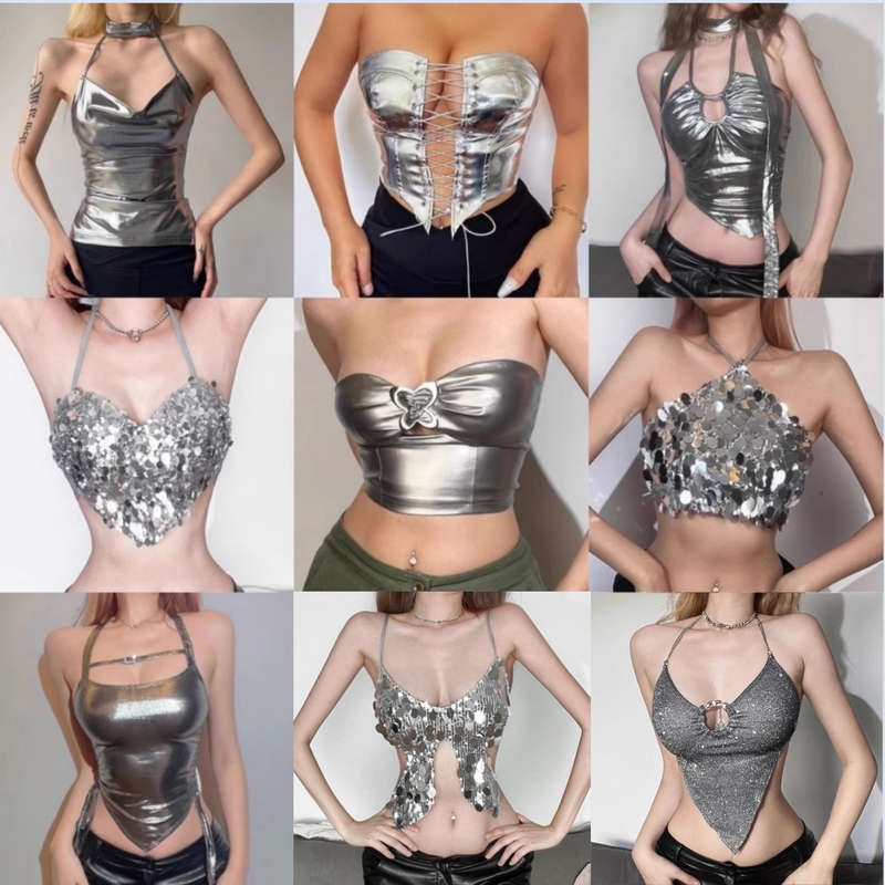 New Hong Kong Style Hot Girl Strappy Bling Silver Sequin Halter Neck Shiny Reflective Tube Top Camisole for Women