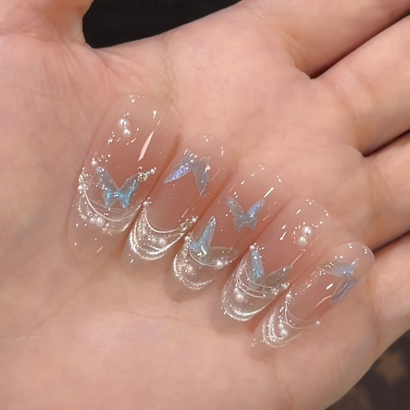 [Smart Butterfly] Sparkling Cat Eye French Blue Butterfly Sparkling Manicure Finished Nail Pieces Handmade Wearable Nails