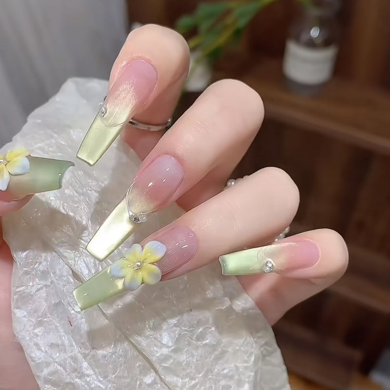 【Matcha Plumeria】Summer Whitening Mint Green Gradient Cat Eye Advanced Whitening Nail Stickers Handmade Wearable Nails 【Matcha Plumeria】Summer Whitening Mint Green Gradient Cat Eye Advanced Whitening Nail Stickers Handmade Wearable Nails