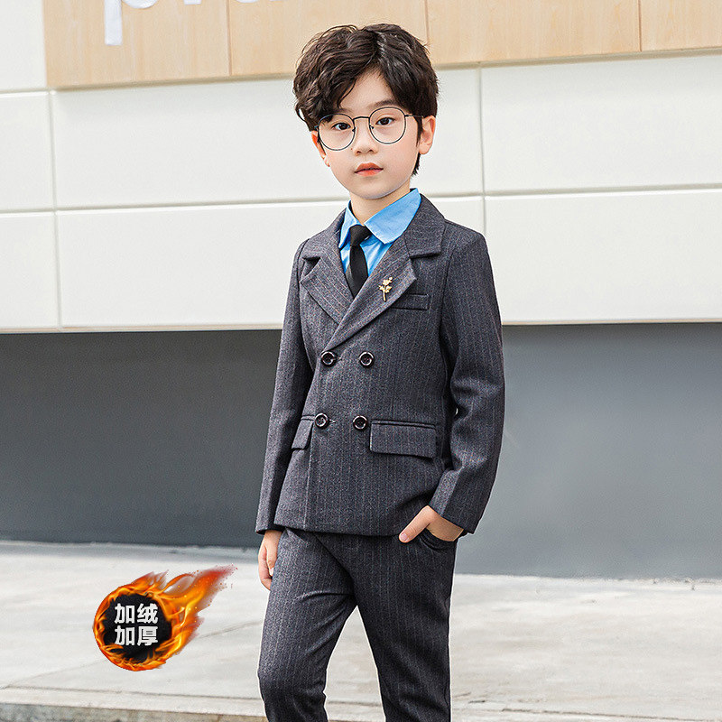 Korean version of the little boy suit autumn and winter plus velvet children's model catwalk suit flower girl suit baby first birthday dress