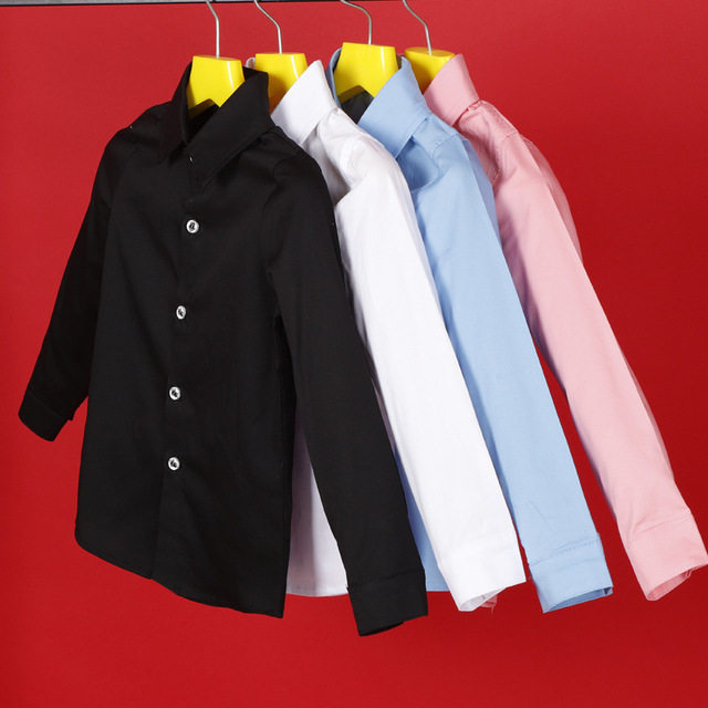 Boy's long sleeved shirt children's suit flip-collar shirt white black black black cotton shirt girl tip-collar coat