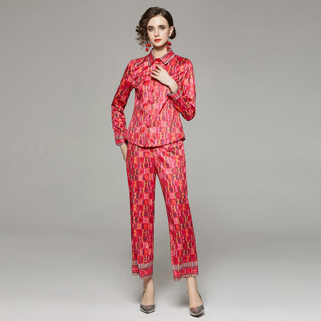 Spot European station 2022 European and American fashion all-match slim slimming positioning printing shirt + pants suit women