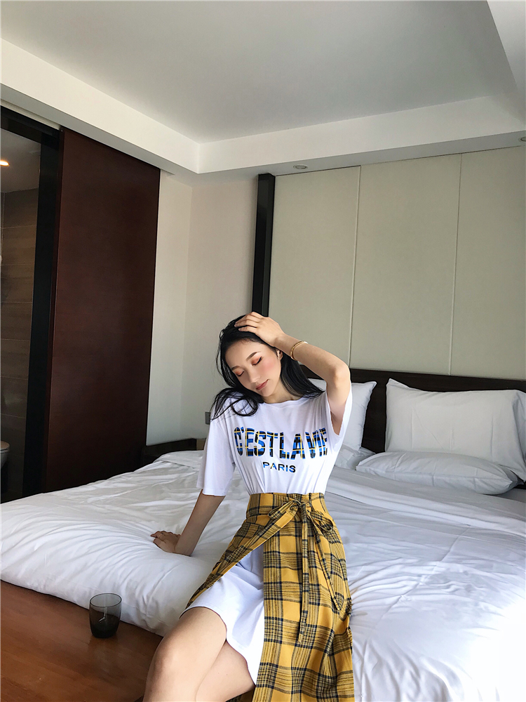 VK旗艦店 韓系字母格紋個性套裝短袖裙裝