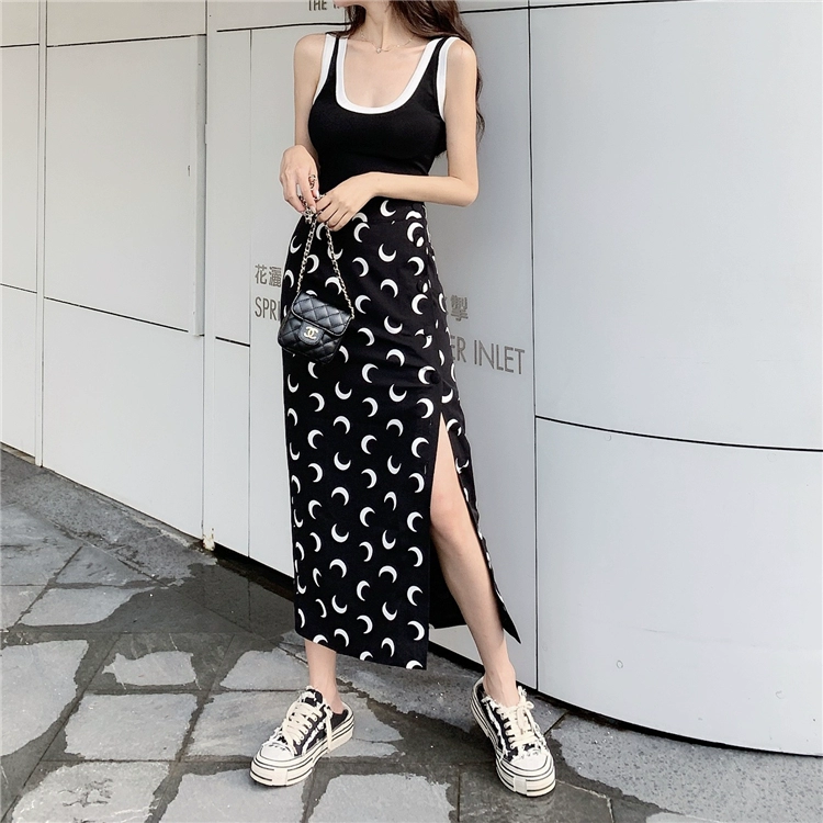 2022 New Korean Summer Harajuku Moon Pattern Black A-line Skirt Sexy Chiffon Slit Skirt Female High Waist Long Skirts Streetwear crop top with skirt