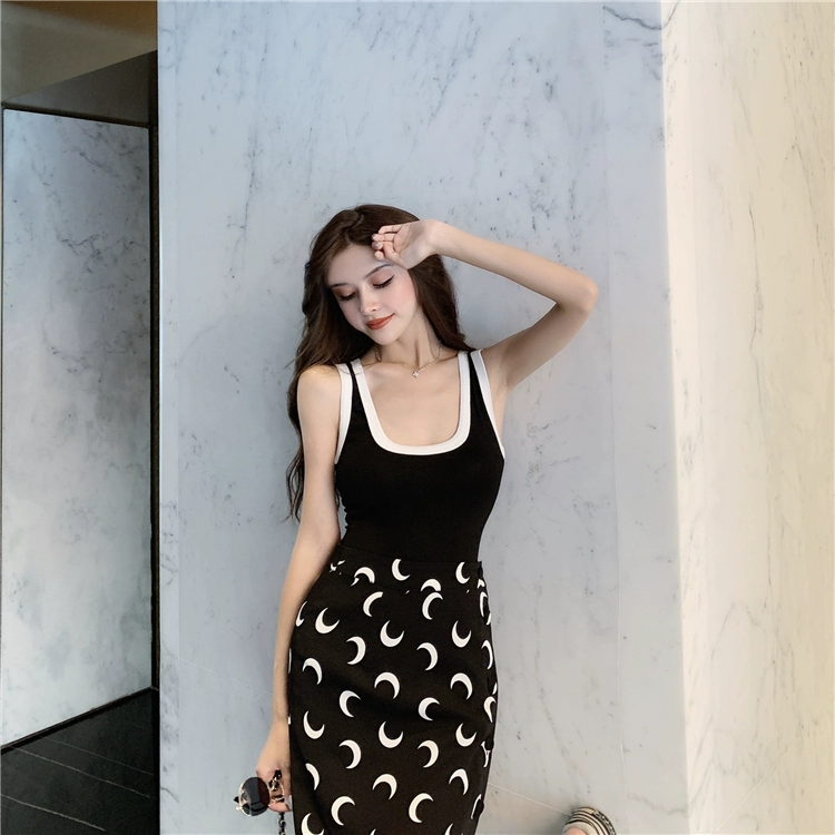 2022 New Korean Summer Harajuku Moon Pattern Black A-line Skirt Sexy Chiffon Slit Skirt Female High Waist Long Skirts Streetwear crop top with skirt