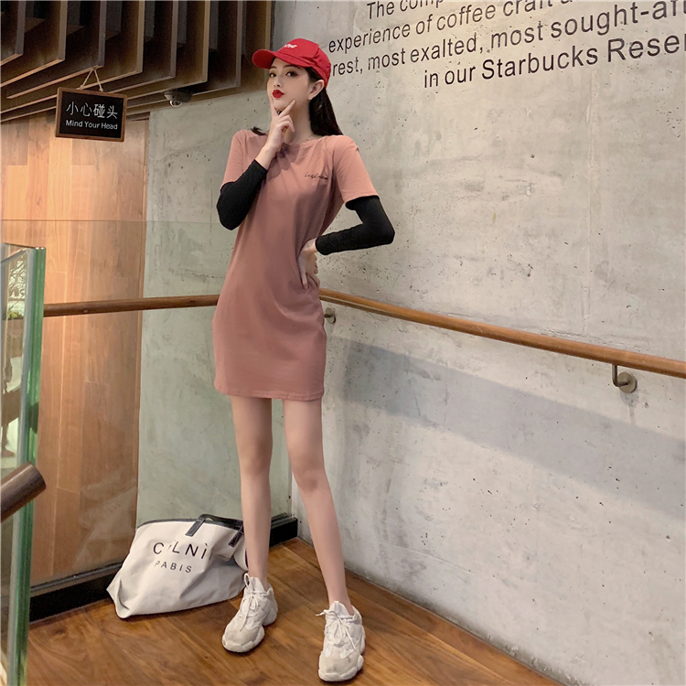 VK旗艦店 韓系簡約寬鬆顯瘦長T短袖休閒長袖洋裝
