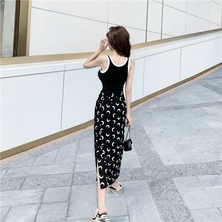 2022 New Korean Summer Harajuku Moon Pattern Black A-line Skirt Sexy Chiffon Slit Skirt Female High Waist Long Skirts Streetwear crop top with skirt