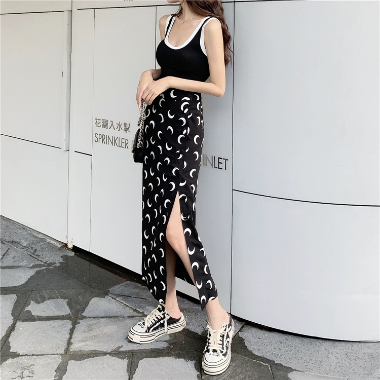 2022 New Korean Summer Harajuku Moon Pattern Black A-line Skirt Sexy Chiffon Slit Skirt Female High Waist Long Skirts Streetwear crop top with skirt