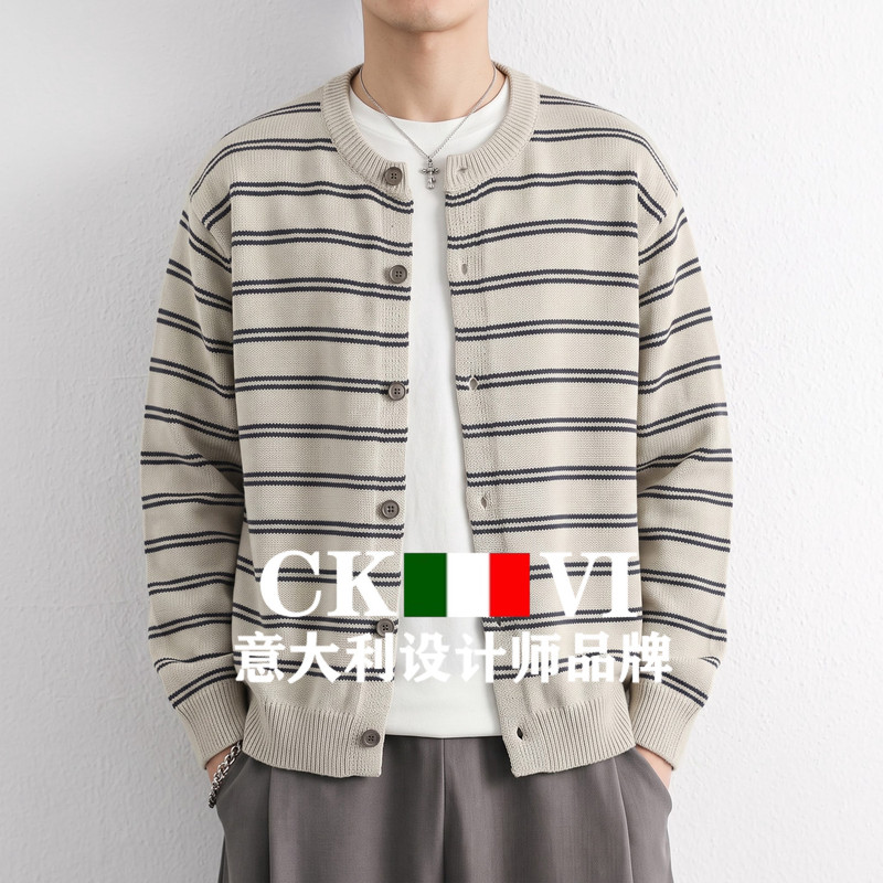 Official Genuine Ckvi Striped Wool Knit Jacket for Men, Thin Round-Neck Retro Casual Cardigan Cashmere Sweater Official Genuine Ckvi Striped Wool Knit Jacket for Men, Thin Round-Neck Retro Casual Cardigan Cashmere Sweater
