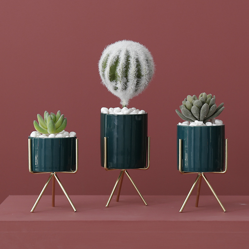 Nordic Morandi Wind Design Plated Iron Frame Ceramic Flower Pot Simulation Multi-Meat Flower Pot Potted Plant Composition Plant Pendulum