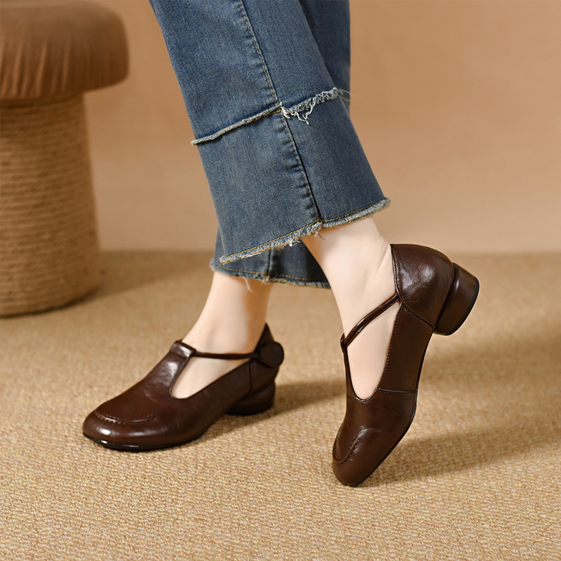 Retro Style Round-Toe Chunky Heel Single Shoes for Women, T-Strap Leather Shoes, Mom Shoes, Spring and Summer Fashion Single Shoes, Shallow Mouth Rubber Sole