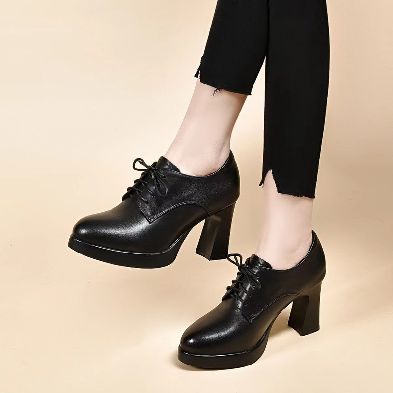 Deep-Cut Single Shoes for Women with Chunky Heels and Waterproof Platform, High-Heeled Shoes, 2026 Spring and Autumn New Style, Genuine Leather Lace-Up, Elegant Small Leather Shoes
