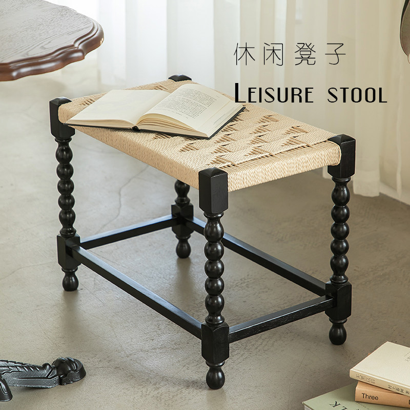 inface-style medieval solid wood changing shoes stool designer creative net red chic rope stool Nordic minimalist living-room footrest-Taobao