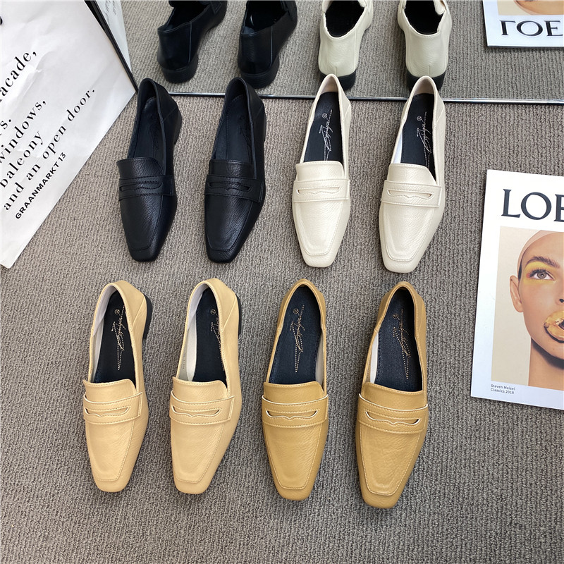 2022INS new leather women's shoes lazy wear college style square head two wear small leather shoes thick heel all-match single shoes