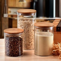 Sealed jar glass wooden lid with lid tea seasoning jar Miscellaneous grain storage storage storage small large round high temperature resistant bottle