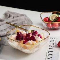 Square bowl glass large transparent gilt rip fruit salad home hammer pattern cute square multi-use Japanese dessert small bowl