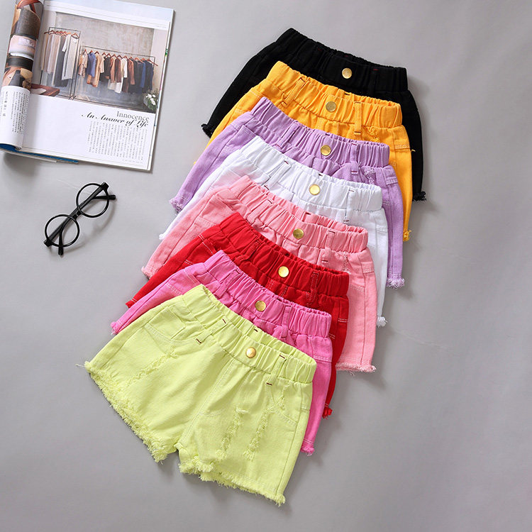 Girls shorts summer little girl white black denim shorts big children all-match baby hot pants ripped western style