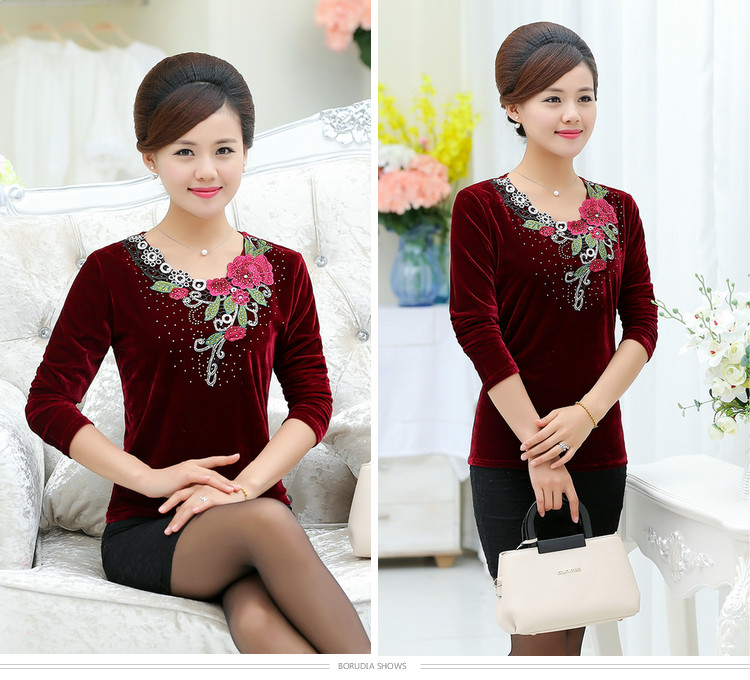 Áo phông nữ trung niên xuân hè thu đông tay dài phù hợp với mẹ cộng với áo sơ mi nhung đáy rộng cỡ áo dày 40-50 áo kiểu nữ đẹp tuổi 50