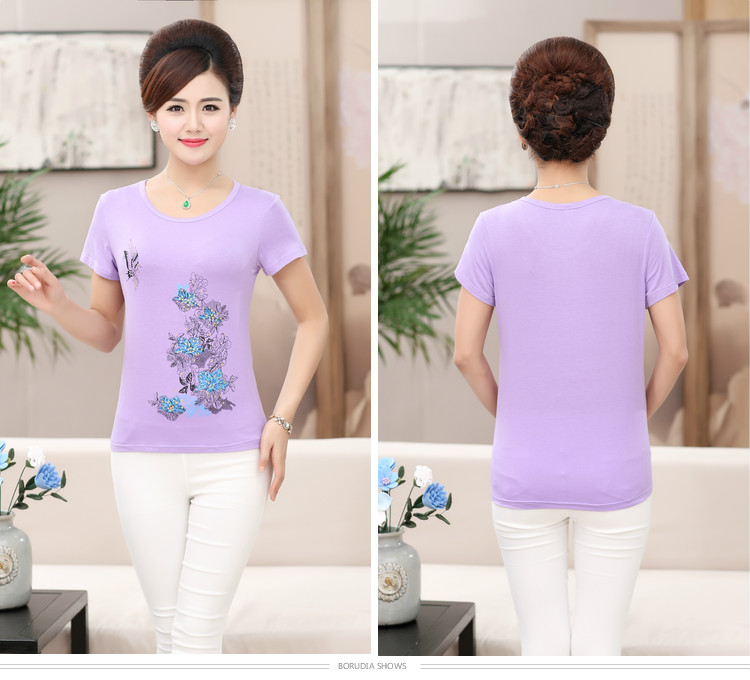 Trung niên và phụ nữ cao tuổi của mùa hè phương thức ngắn tay T-Shirt 40-50 tuổi mẹ nạp mùa hè kích thước lớn áo sơ mi những bộ đồ mặc nhà thanh lịch tuổi trung niên