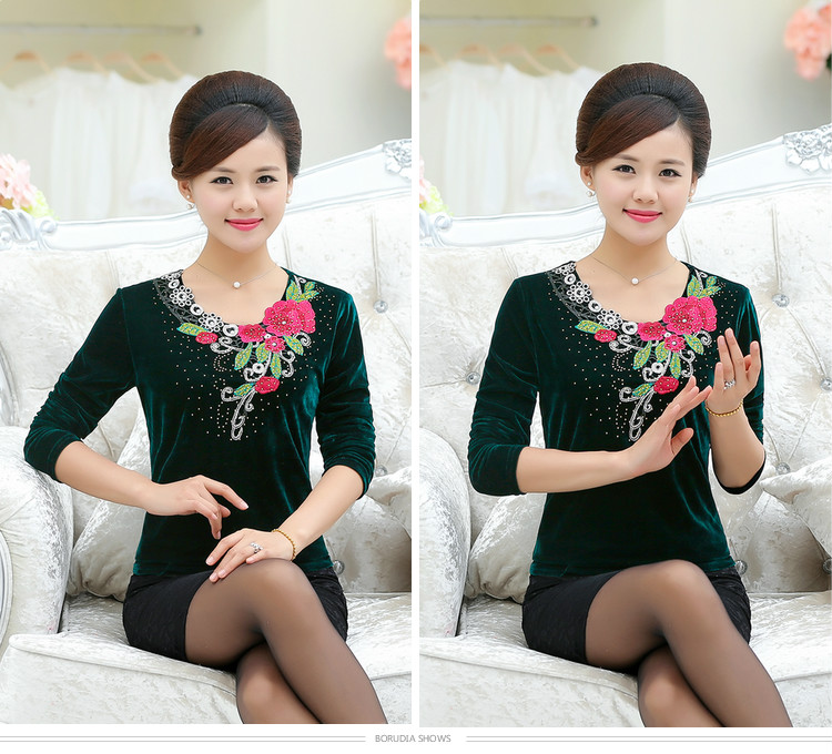 Áo phông nữ trung niên xuân hè thu đông tay dài phù hợp với mẹ cộng với áo sơ mi nhung đáy rộng cỡ áo dày 40-50 áo kiểu nữ đẹp tuổi 50