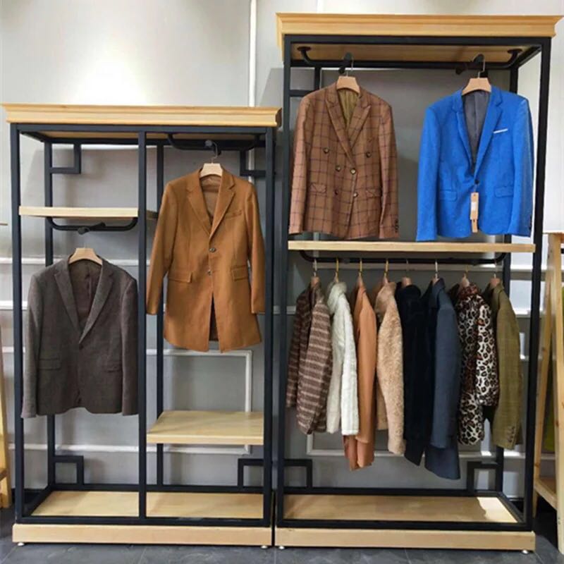 Men's and women's clothing store display stand children's clothing floor stand log color iron art against the wall display shelf combination shoe rack hanger