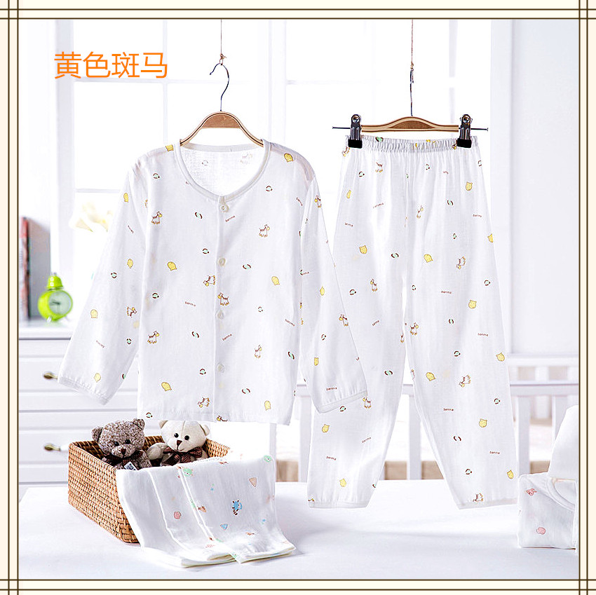 Trẻ em mùa xuân của gạc điều hòa không khí quần áo đôi bông bé đồ ngủ mỏng dài tay cardigan dịch vụ nhà phù hợp với mới