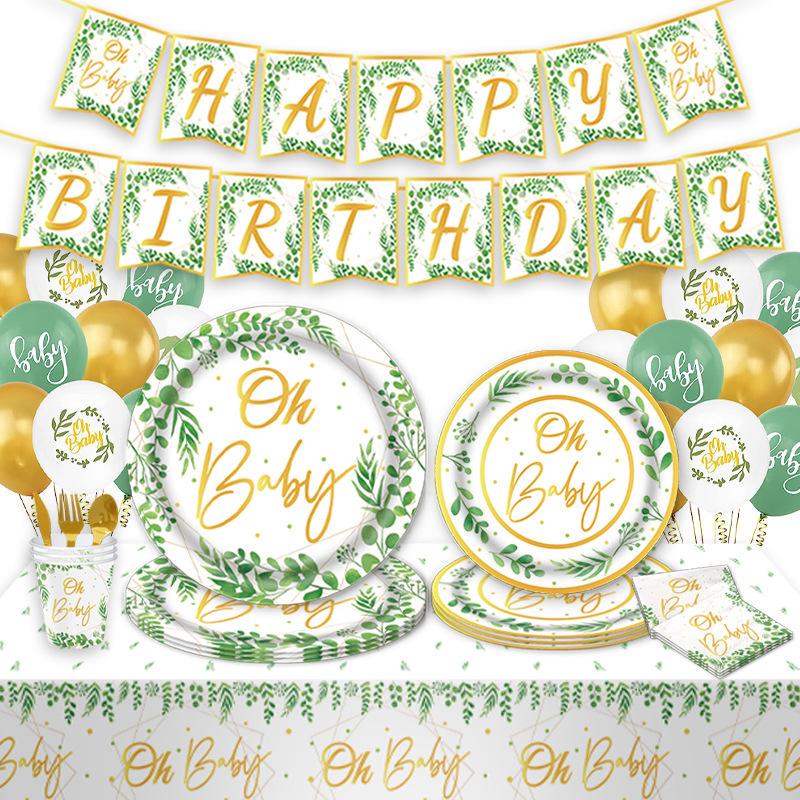 Green Eucalyptus Leaf Themed Birthday Party Disposable Children's Tableware Decoration Sage Tablecloth Arrangement