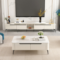 All solid wood coffee table TV cabinet combination retractable modern simple small apartment home light luxury cream style marble