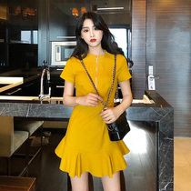 Hong Kong flavor fashion tide style slim slim dress solid color temperament short sleeve round neck zipper ruffle side fishtail skirt