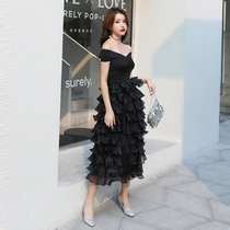 One-word collar strapless dress high waist layer ruffle cake dress birthday party Annual Meeting host evening dress