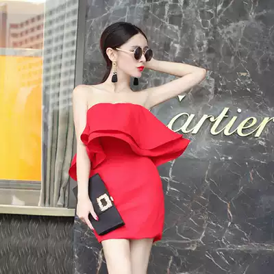 Korean version of sexy backless new women's bra chest dress a word collar ruffle evening dress slim dress slim dress