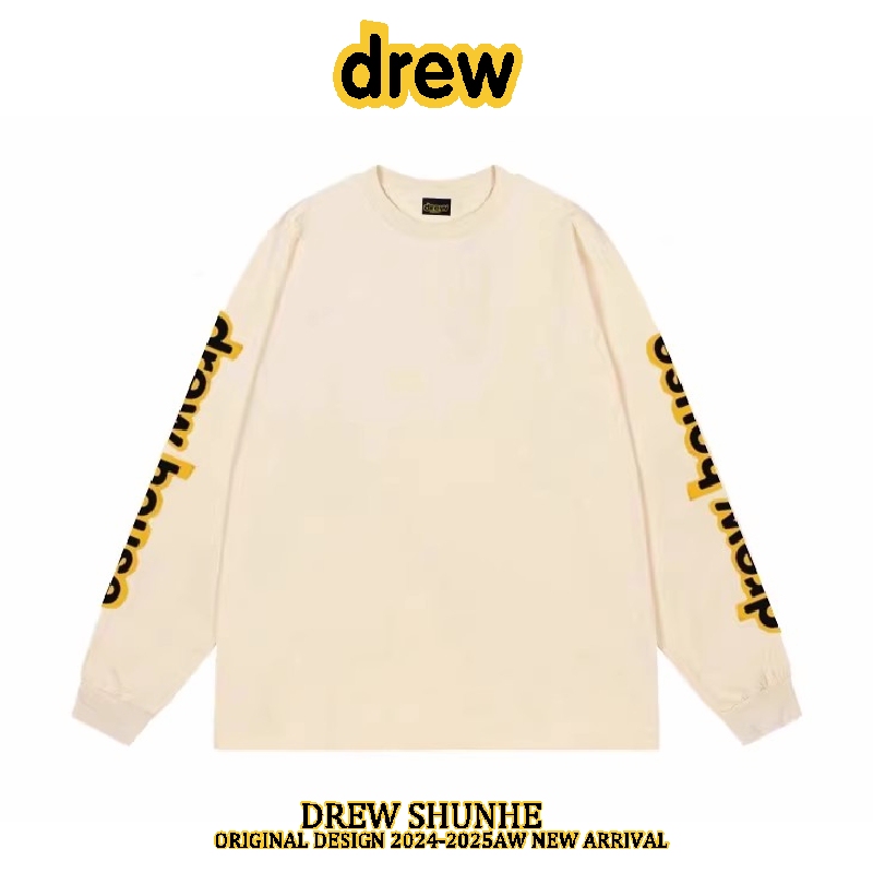 Drew Letter Long-Sleeve T-Shirt, European and American High Street Fashion Brand, Unisex Couple Base Shirt, Loose Pure Cotton Top ins
