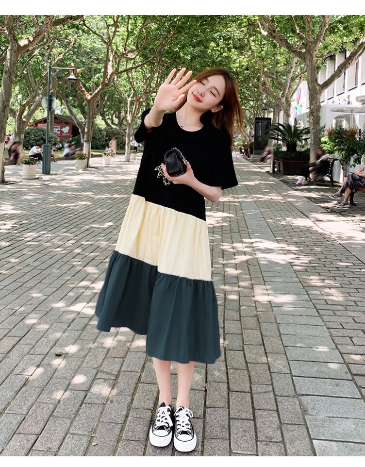 Large size women's clothing 2021 summer new fat mm loose cover belly stitching contrast color in the long version of the knee-length dress tide