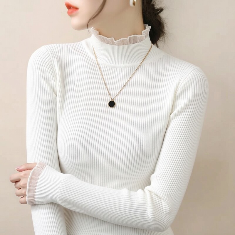 Women's Autumn and Winter Sweater with Half-High Collar, Lace Splicing, Knitted, Elegant, Slimming, Versatile, Everyday Inner Wear Top