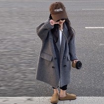 Korean childrens clothing girls gray cashmere coat 2024 winter medium and large childrens high-end long lapel woolen coat