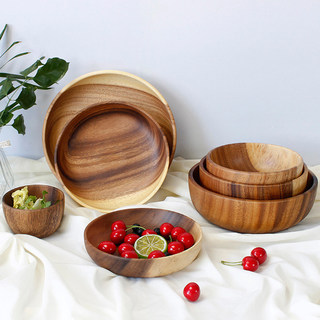 Acacia Wood Bowl, Japanese-Style Wooden Basin, Wooden Tableware, Household Mixing Bowl, Fruit Plate, Salad Bowl, Solid Wood Soup Bowl