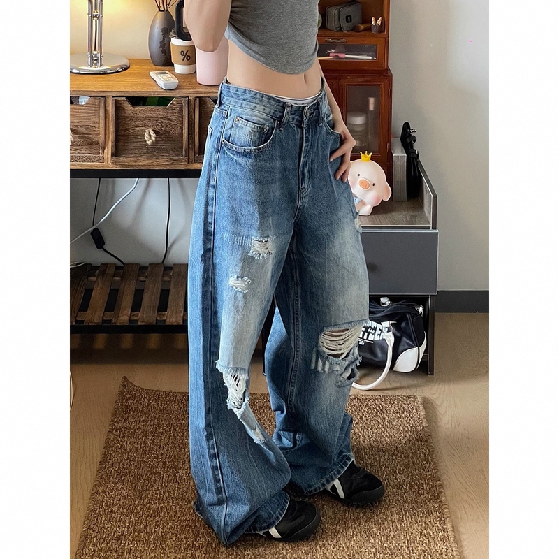 American Retro Ripped Jeans for Women, Summer Plus Size High-Waisted Loose Slimming Straight-Leg Wide-Leg Floor-Length Pants American Retro Ripped Jeans for Women, Summer Plus Size High-Waisted Loose Slimming Straight-Leg Wide-Leg Floor-Length Pants