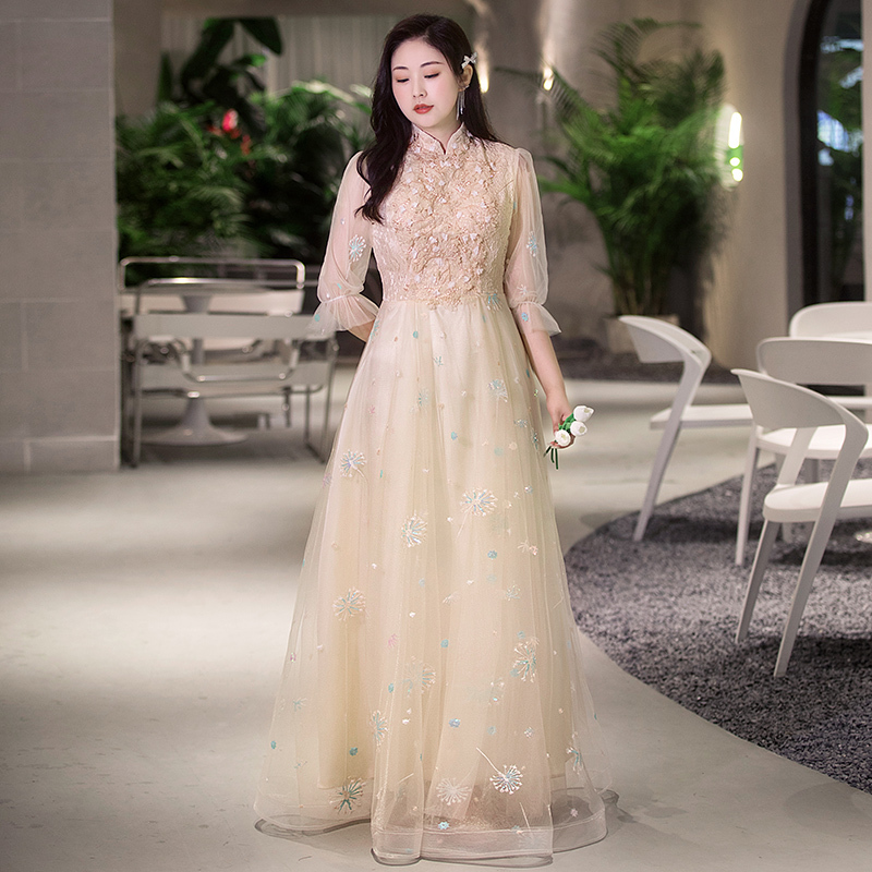 Evening Dress Plus Size for Curvy Women 100kg Elegant Slimming Stand Collar Cheongsam Lace Long Sleeve Performance Dress with a High-End Feel for Women