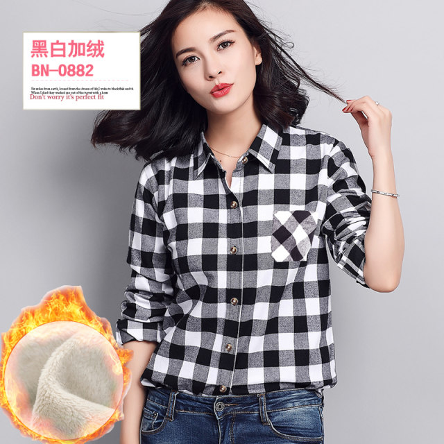 Warm plaid shirt women's long-sleeved winter Korean version slim fit pure cotton plus velvet thickened shirt black and white plaid one-piece velvet