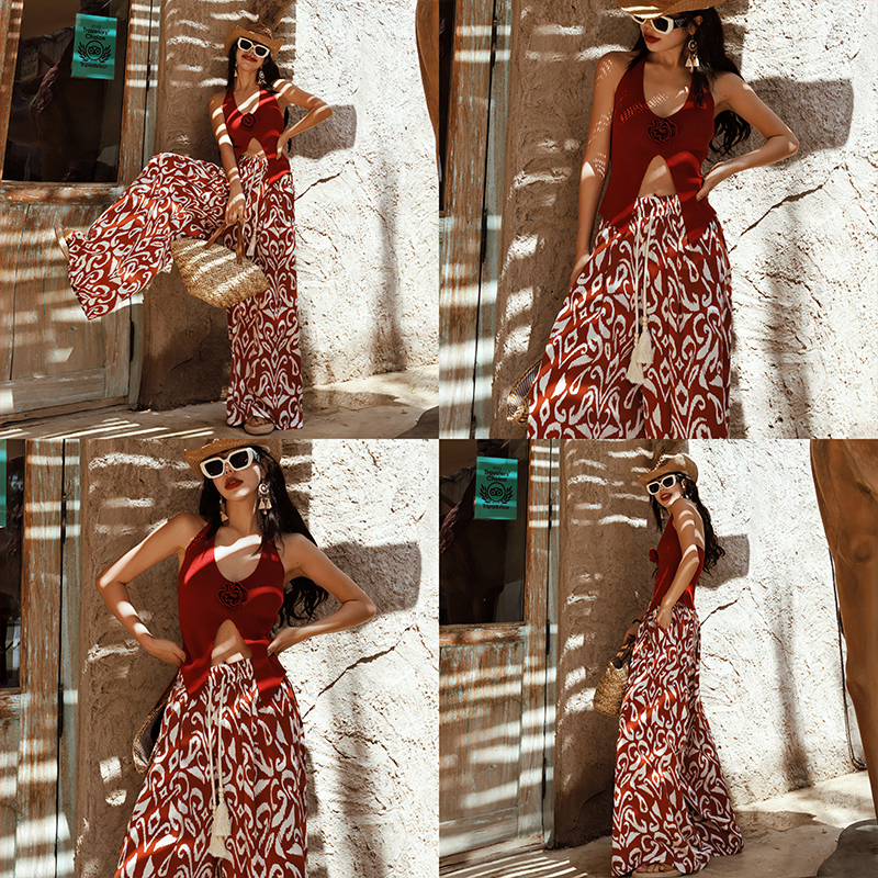 Mai Xu's Original "Bolman" Bohemian Resort-Style Printed Wide-Leg Pants with High Waist and Drawstring Casual Long Pants Mai Xu's Original "Bolman" Bohemian Resort-Style Printed Wide-Leg Pants with High Waist and Drawstring Casual Long Pants