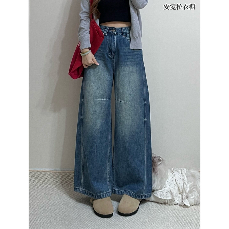 American Retro Blue Wide-Leg Jeans for Women, 2026 Autumn New Style, Loose Fit, Curved Hem, Petite Height-Enhancing Straight-Leg Pants American Retro Blue Wide-Leg Jeans for Women, 2026 Autumn New Style, Loose Fit, Curved Hem, Petite Height-Enhancing Straight-Leg Pants